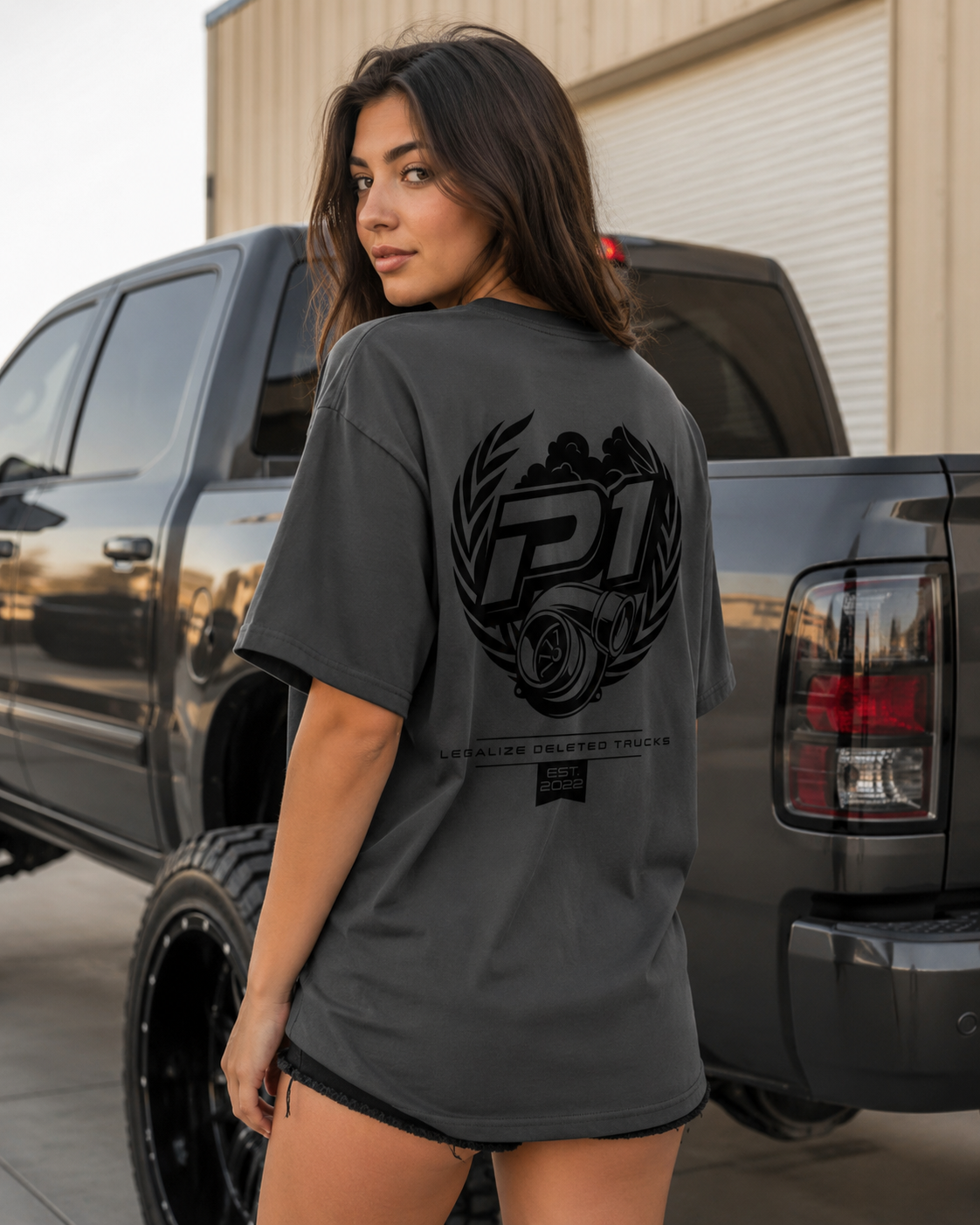 P1 Race Products | Iconic Design | Ladies Tee | Charcoal Grey (SL01CH-)
